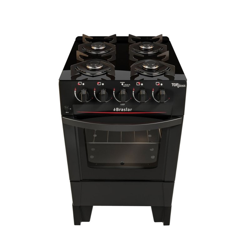 Fogão 4 Bocas com Mesa de Vidro Acendimento Automático Luz no Forno New Top Glass Braslar