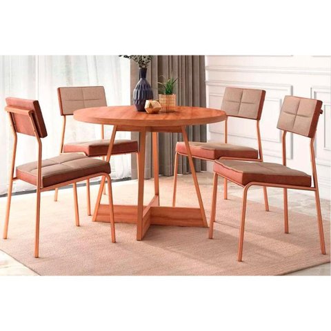 Sala de Jantar Completa Átria 1594 Aço C/ Tampo Madeirado 100cm e 4 Cadeiras Neo Rose/freijó/