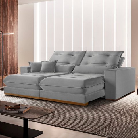 Sofá 3 Lugares Retrátil e Reclinável Veludo 250cm x 105cm Suíça Prata