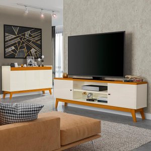 Conjunto Sala de Estar Buffet Ripado Rack 2 Portas 180cm