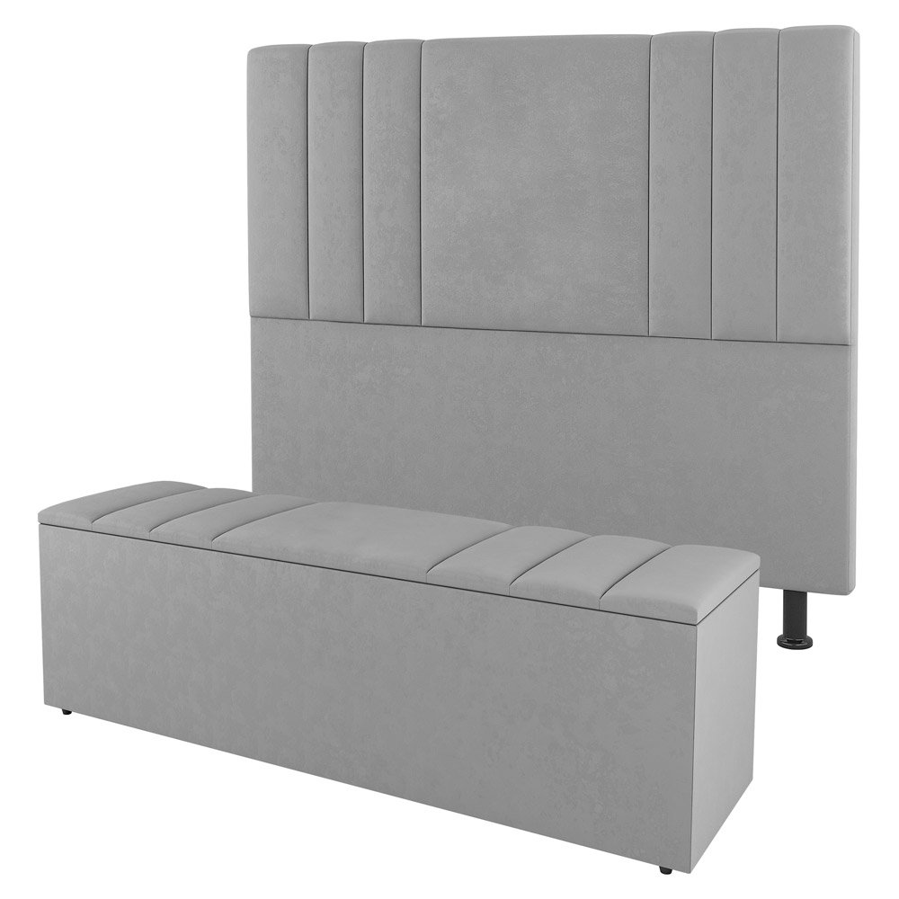 Kit Cabeceira e Baú Cama Box Casal Grace 140cm Suede Cinza Claro - Desk Design