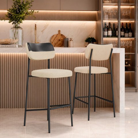 Kit 2 Banquetas Baixa Sala de Jantar Lisa Pés Preto Linho/PU Bege/Preto m² - Monari Design