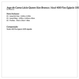 Jogo de Cama Queen Size Branco / Azul 400 Fios Egípcio 100% Algodão 4 Peças 2,60m x 2,40m - 3