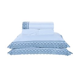 Jogo de Cama Queen Size Branco / Azul 400 Fios Egípcio 100% Algodão 4 Peças 2,60m x 2,40m - 1
