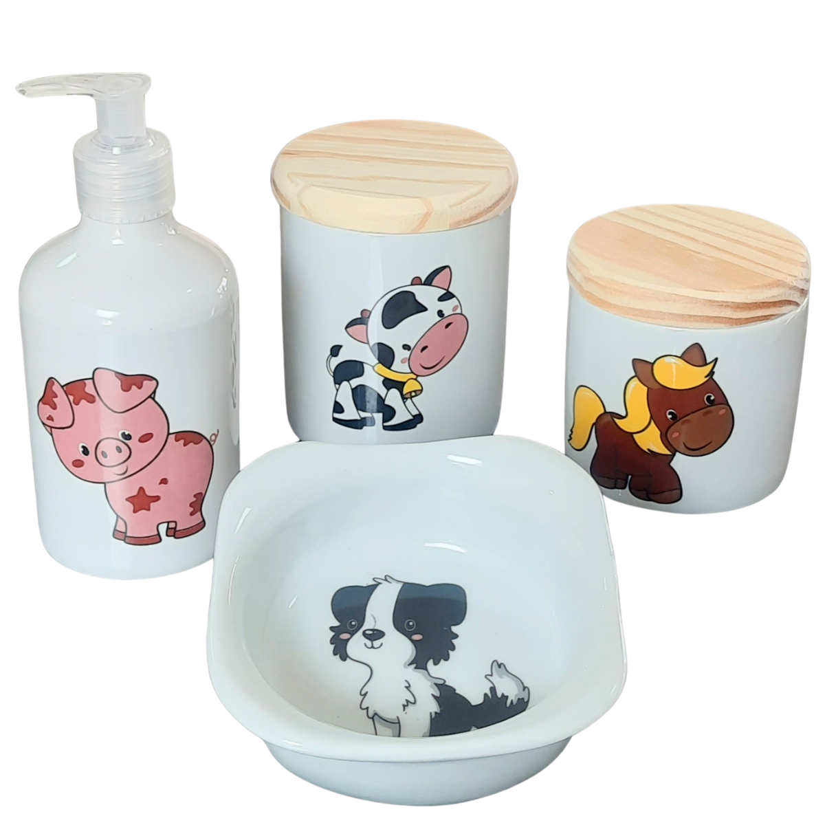 Kit Higiene Bebê Fazendinha 4 Peças - Porcelana e Pinus