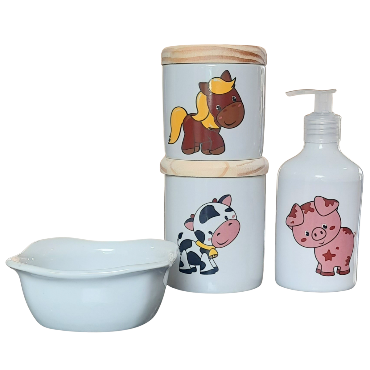 Kit Higiene Bebê Fazendinha 4 Peças - Porcelana e Pinus - 4