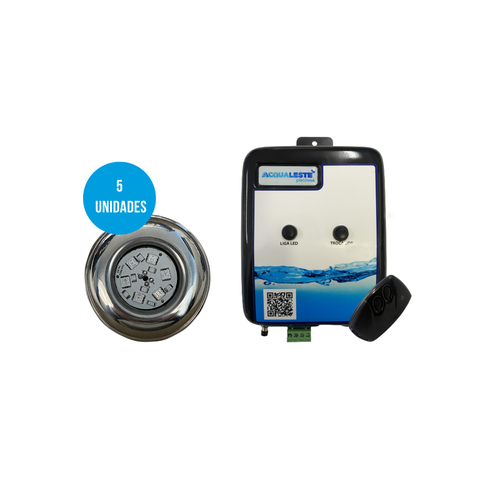 5 Refletor Inox Rgb 9w Encaixe 1/2 + Micro Box Hipool 5a - Acqualeste Piscinas