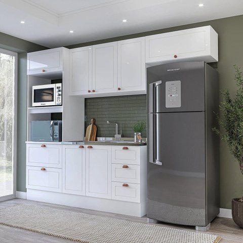 Cozinha Completa Modulada 4 Peças Torre Quente Aéreo 3 Portas Balcão 2 Gavetas 3 Portas e Basculante Branco