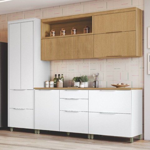 Cozinha 5 Peças 7 Portas 6 Gavetas Marquesa 100% MDF Branco/Nature