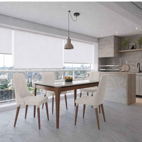 Conjunto de Jantar Mesa Retangular com Vidro Addar 4 Cadeiras Loren - Off White Fosco com Champanhe
