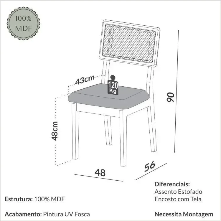 Ver imagem 3 de Kit 4 Cadeiras Estofadas Encosto Telado Estrutura 100% MDF Bolonha Marrom/Freijó/Bege Rústico
