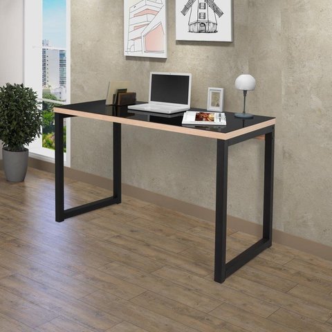 Escrivaninha Mesa Escritório com 1,2cm Industrial Tampo de Vidro Preto e Carvalho
