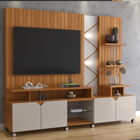 Estante Home Cross para Tv até 55" 4 Portas Prateleiras Luz Led e Rodízio Jequitibá/off White