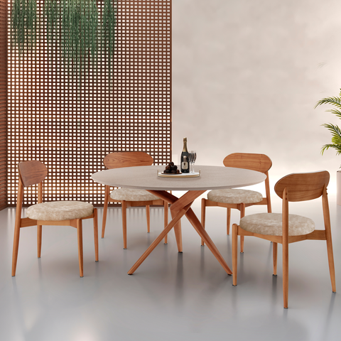 Conjunto Sala de Jantar Mesa 135cm Tampo Redondo Texturizado e 4 Cadeiras Hope Marrom/Milano/Imbuia/