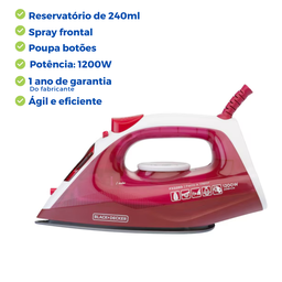 Ferro de Passar Roupa Vapor Vertical Base Antiaderente 127v Rosa Black Decker - 3