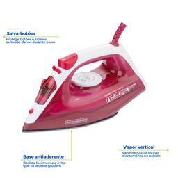 Ferro de Passar Roupa Vapor Vertical Base Antiaderente 127v Rosa Black Decker - 2