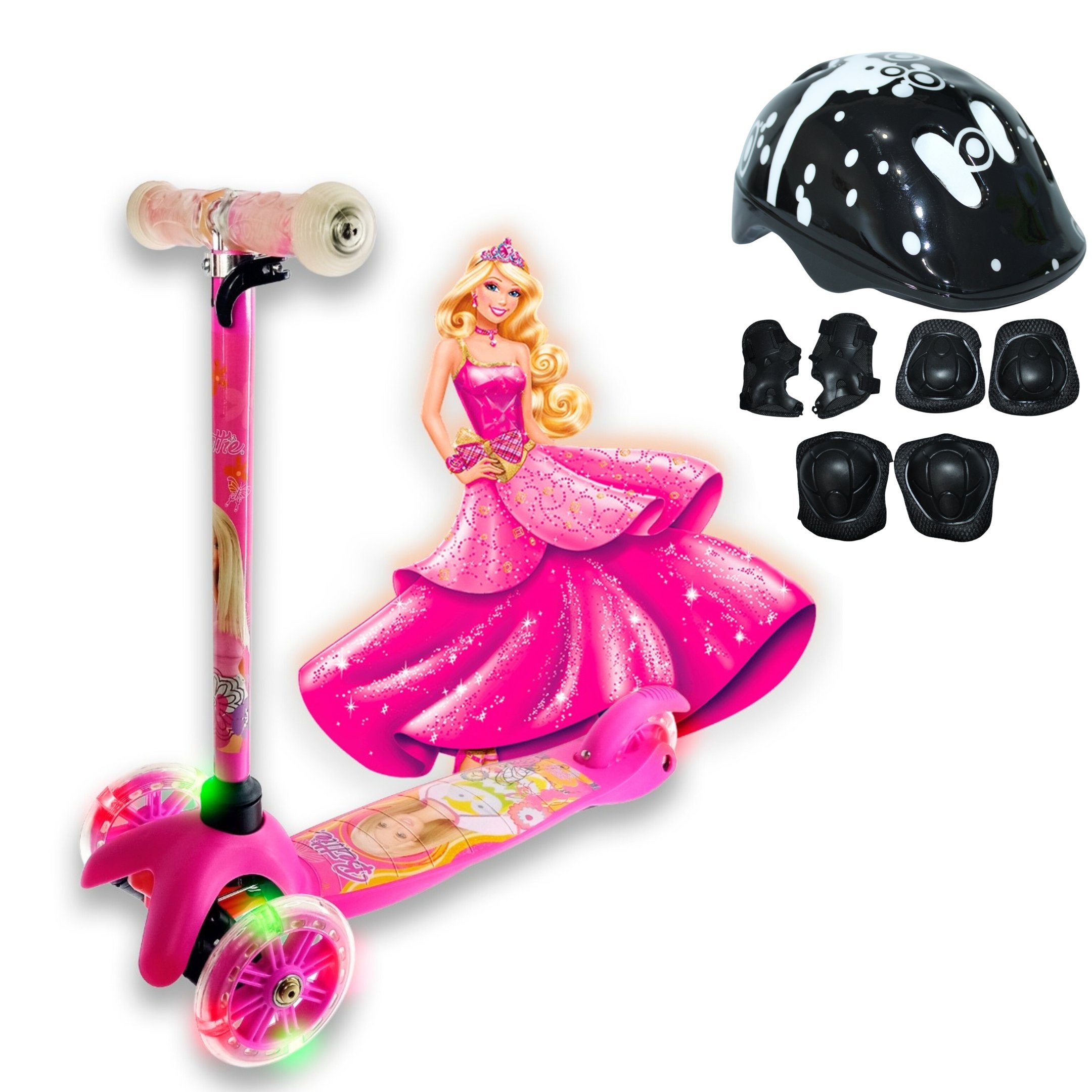 Patinete Infantil 3 Rodas Barbie com Led e Kit Proteção - 1