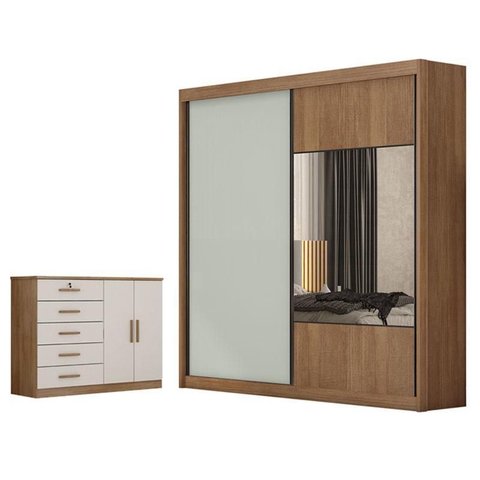 Guarda Roupa Casal Sienna com Espelho e Cômoda Seul Cumaru 25