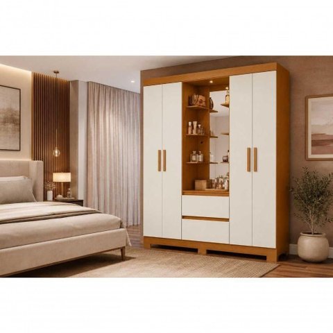 Guarda Roupa Casal Olímpia 4 Portas de Bater 2 Gavetas MDP com Espelho Cinamomo Off White