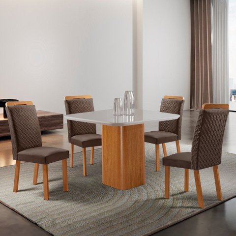 Mesa de Jantar Eloise 90cm Tampo MDF Vidro Canto Copo com 4 Cadeiras Aline