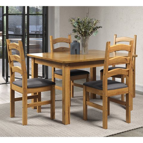 Conjunto Sala de Jantar Mesa 120cm e 4 Cadeiras Estofadas 100% Madeira Maciça Napoli Espresso Móveis Marrom/Nogueira/Cinza