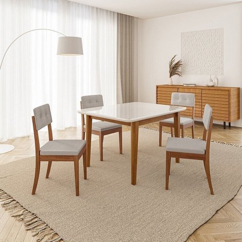 Conjunto Mesa de Jantar Tangará 130cm e 4 Cadeiras Estofadas Tiê CabeCasa MadeiraOriginals Bege/Caramelo