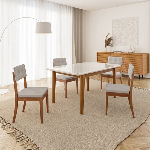 Conjunto Mesa de Jantar Tangará 160cm e 4 Cadeiras Estofadas Tiê CabeCasa MadeiraOriginals Bege/Caramelo