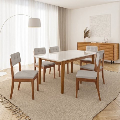 Conjunto Mesa de Jantar Tangará 180cm e 6 Cadeiras Estofadas Tiê CabeCasa MadeiraOriginals Bege/Caramelo