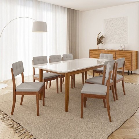 Conjunto Mesa de Jantar Tangará 210cm e 8 Cadeiras Estofadas Tiê CabeCasa MadeiraOriginals Bege/Caramelo