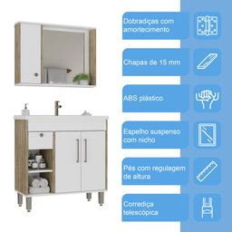 Armário Conjunto de Banheiro com Gabinete, Cuba e Espelheira com uma Gaveta e 3 Portas Patina 80 cm - 7