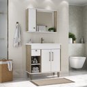 Ver imagem 1 de Armário Conjunto de Banheiro com Gabinete, Cuba e Espelheira com Uma Gaveta e 3 Portas Patina 80 cm Marrom/Branco/Carvalho Cartagena