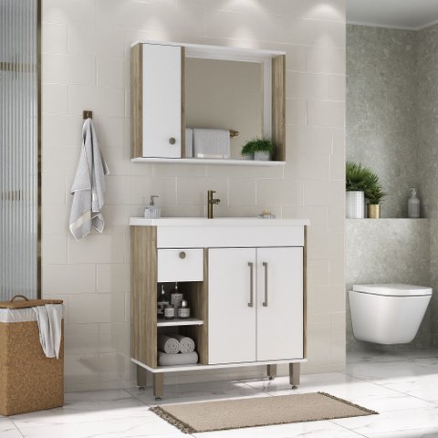 Armário Conjunto de Banheiro com Gabinete, Cuba e Espelheira com uma Gaveta e 3 Portas Patina 80 cm