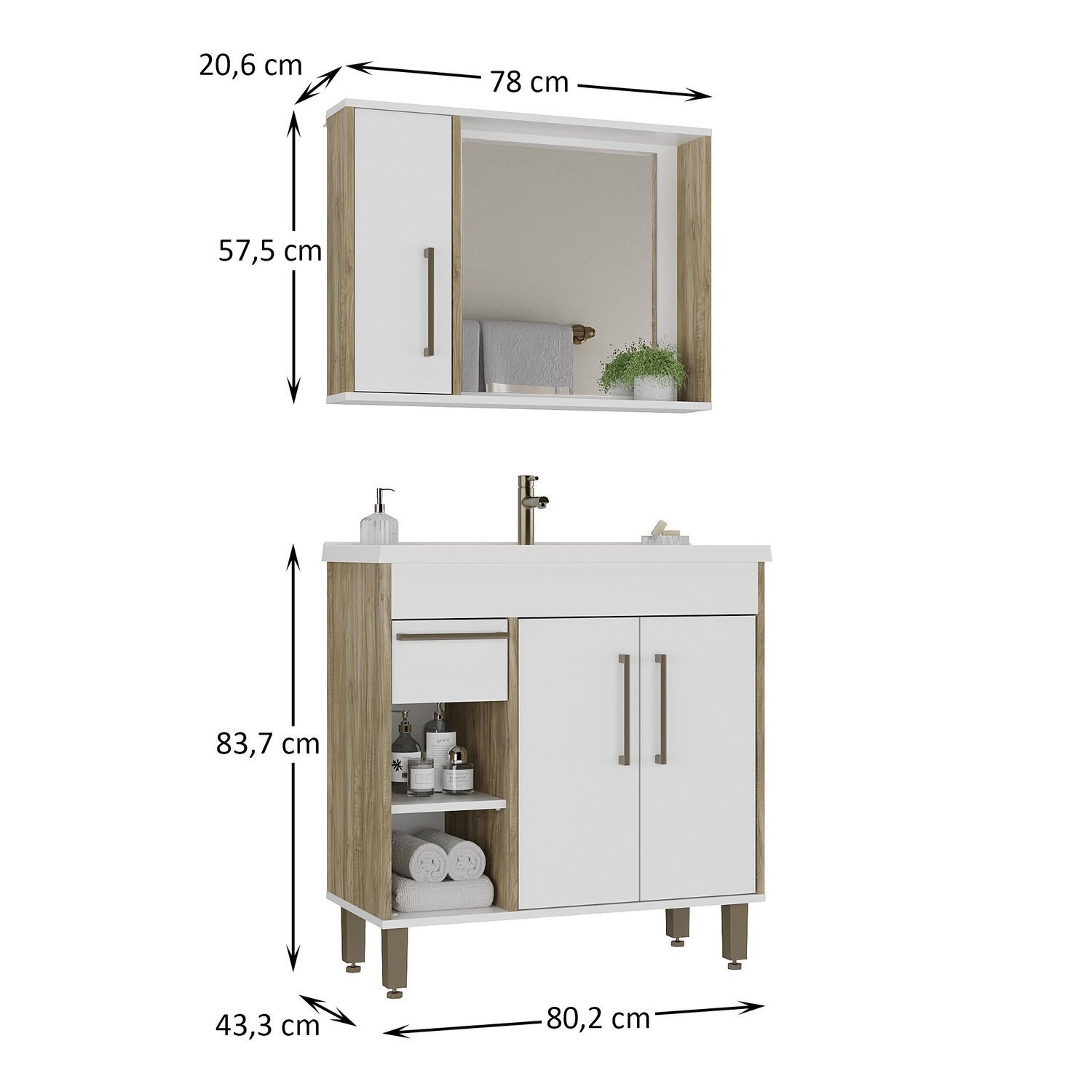 Conjunto de Banheiro Completo com Gabinete Cuba e Espelheira 80 Cm Linha Patina Cartagena - 3