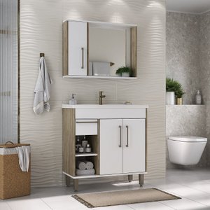 Conjunto de Banheiro Completo com Gabinete Cuba e Espelheira 80 Cm Linha Patina Cartagena
