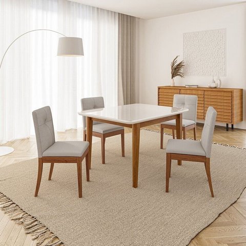 Conjunto Mesa de Jantar Tangará 130cm e 4 Cadeiras Estofadas Tiê Maxx CabeCasa MadeiraOriginals Bege/Caramelo