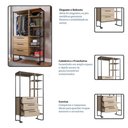 Ver imagem 6 de Closet Guarda Roupas Aberto 3 Gavetas 5 Prateleiras Oak Metal Preto 103x44x182cm Placa e Ponto