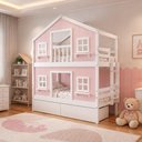 Ver imagem 2 de Beliche Casinha Dos Sonhos com Gavetas e Fechamento Inferior em Madeira Maciça Rosa/Branco Housin