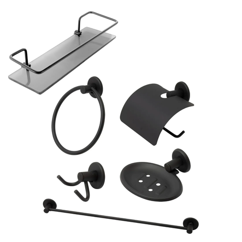 Kit Acessórios P/ Banheiro Aço Inox 6 Peças Reto Preto