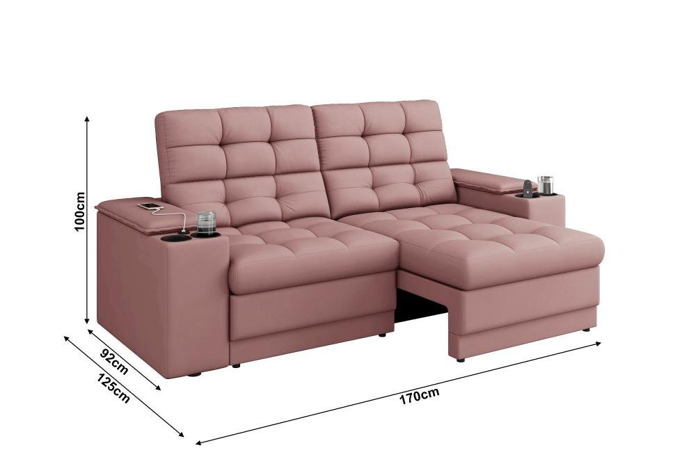 Sofá Confort Premium 1,70m Assento Retrátil/reclinável Porta Copos e Usb Suede Nude - Xflex Sofas - 2