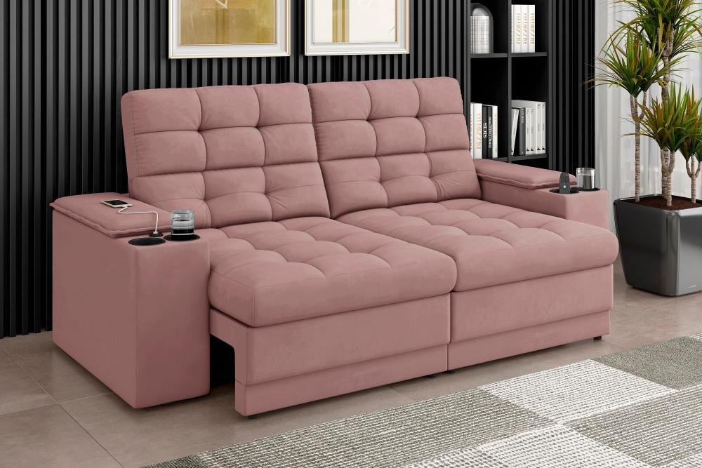 Sofá Confort Premium 1,70m Assento Retrátil/reclinável Porta Copos e Usb Suede Nude - Xflex Sofas