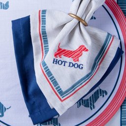 Kit 2 Guardanapos em Linho Bordado Hot Dog 40x40 + 2 Argolas - 1