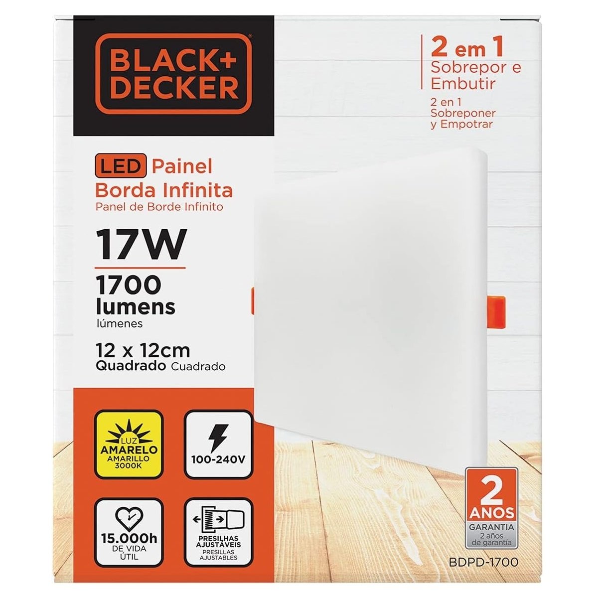 Painel Led 2x1 17w Borda Infinita Quadrado 3000k 100-240v Black+decker - 4