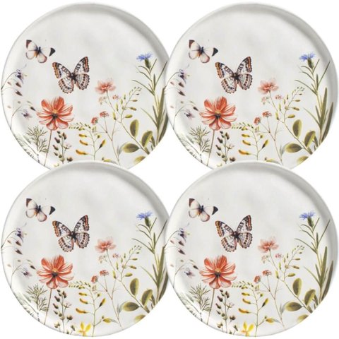Jogo 4 Pratos de Sobremesa 21,5cm Cerâmica Borboletas Bio Encanto Porto Brasil Servir Brownie