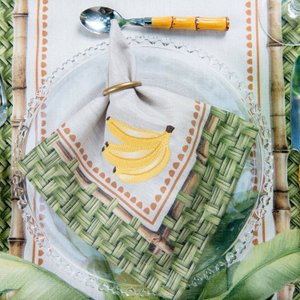 Kit 2 Guardanapos em Linho Bordado Bananas 40x40 + 2 Argolas