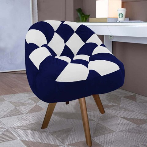 Poltrona Paloma Escritório Sala Giratória Madeira Suede Azul Marinho e Suede Branco - Dominic Decor