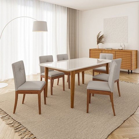 Conjunto Mesa de Jantar Tangará 180cm e 6 Cadeiras Estofadas Tiê Maxx CabeCasa MadeiraOriginals Bege/Caramelo