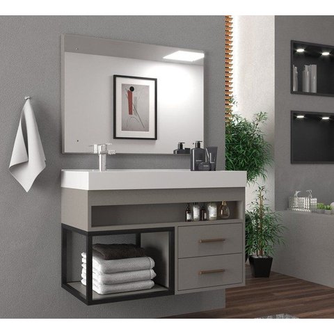Conjunto Gabinete para Banheiro com Espelheira New 80 Cimento/Cimento