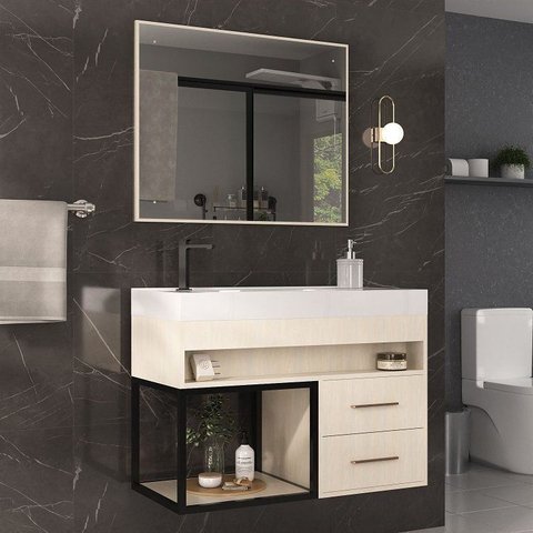 Conjunto Gabinete para Banheiro com Espelheira New 80 Carvalho/Carvalho