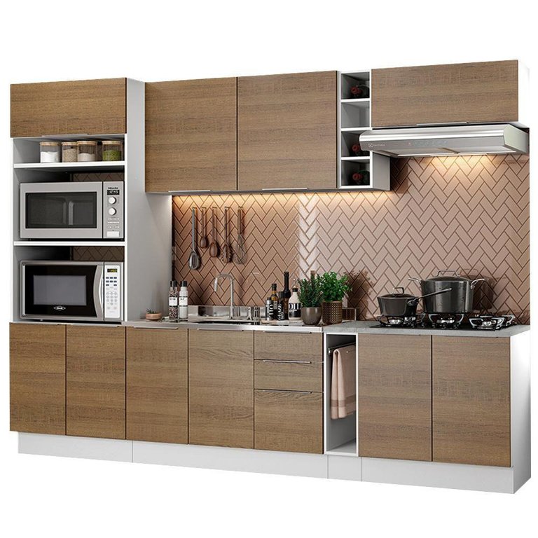 Armário de Cozinha Completa 290cm Branco/Rustic Stella Madesa 01 Armário de Cozinha Completa 290cm Branco/Rustic Stella Madesa 01