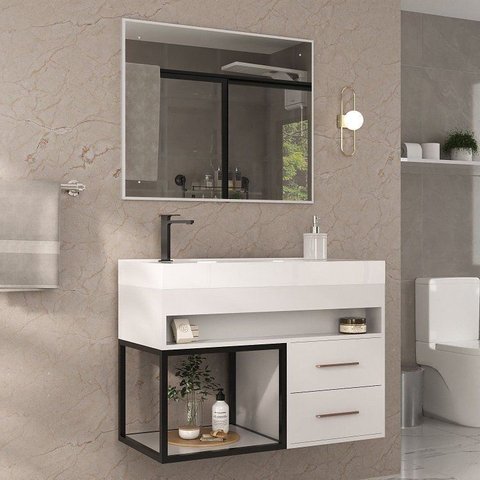 Conjunto Gabinete para Banheiro com Espelheira New 80 Branco/Branco